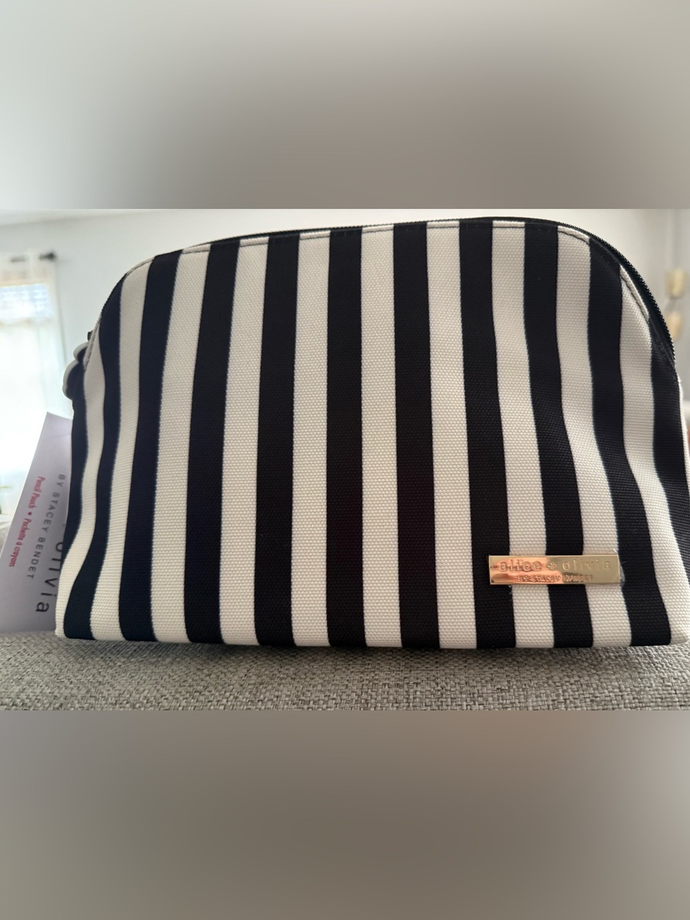 Alice + Olivia Black and White Striped Cosmetic Bag